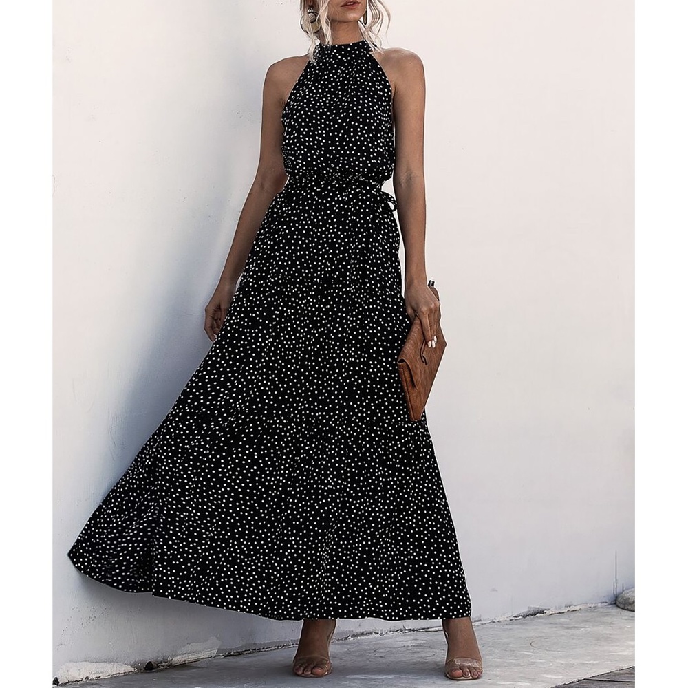 Black Polka Dot Ruffle Hem Belted Halter Maxi Dress